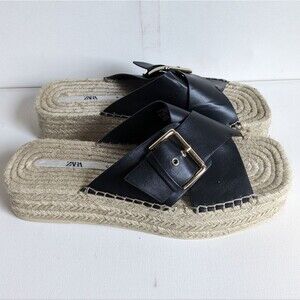 Zara Black Faux Leather Jute Flatforms Platforms Espadrille Sandals
